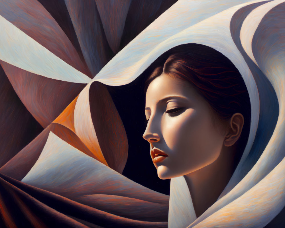 Serene woman surrounded by abstract warm petals