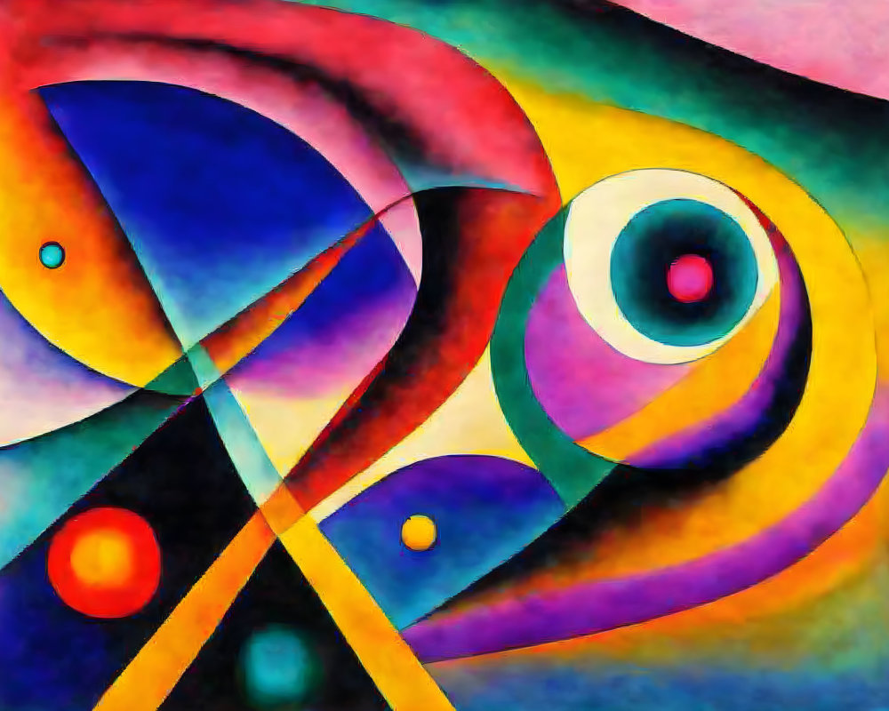 Colorful Abstract Painting with Swirling Geometric Shapes and Circular Accents