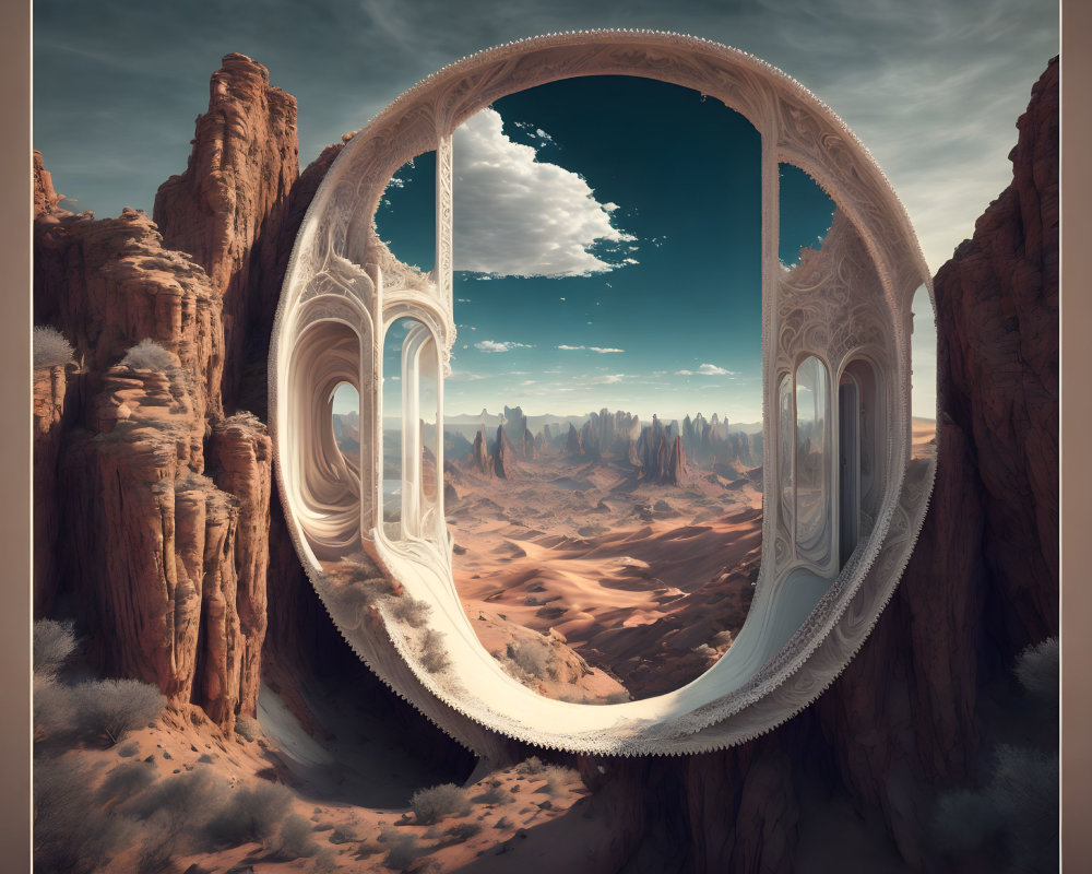 Surreal landscape featuring giant circular frame and desert scenery