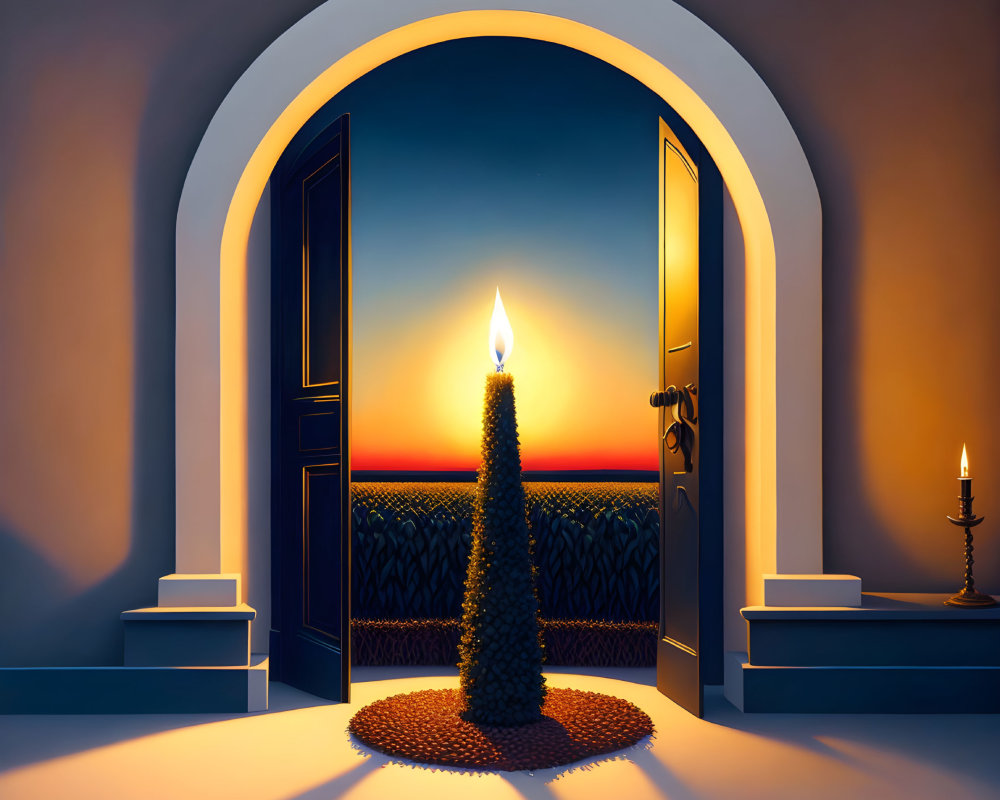 Ornate candle with tall flame in arched doorway at sunset