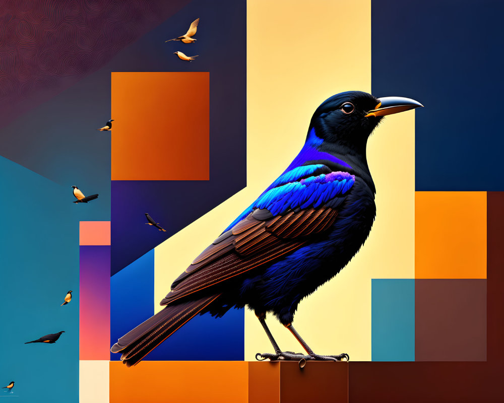 Colorful digital artwork of stylized bird on wire with iridescent feathers, surrounded by flying butterflies