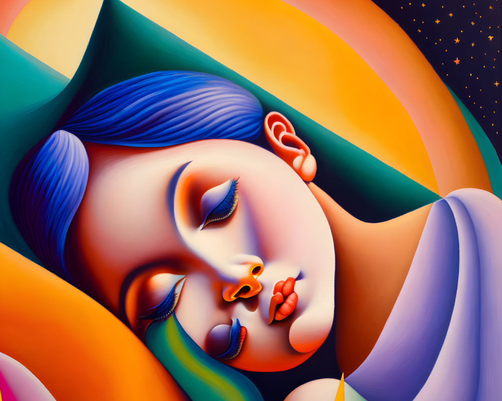 Colorful Surrealist Painting of Serene Face with Closed Eyes and Flowing Shapes