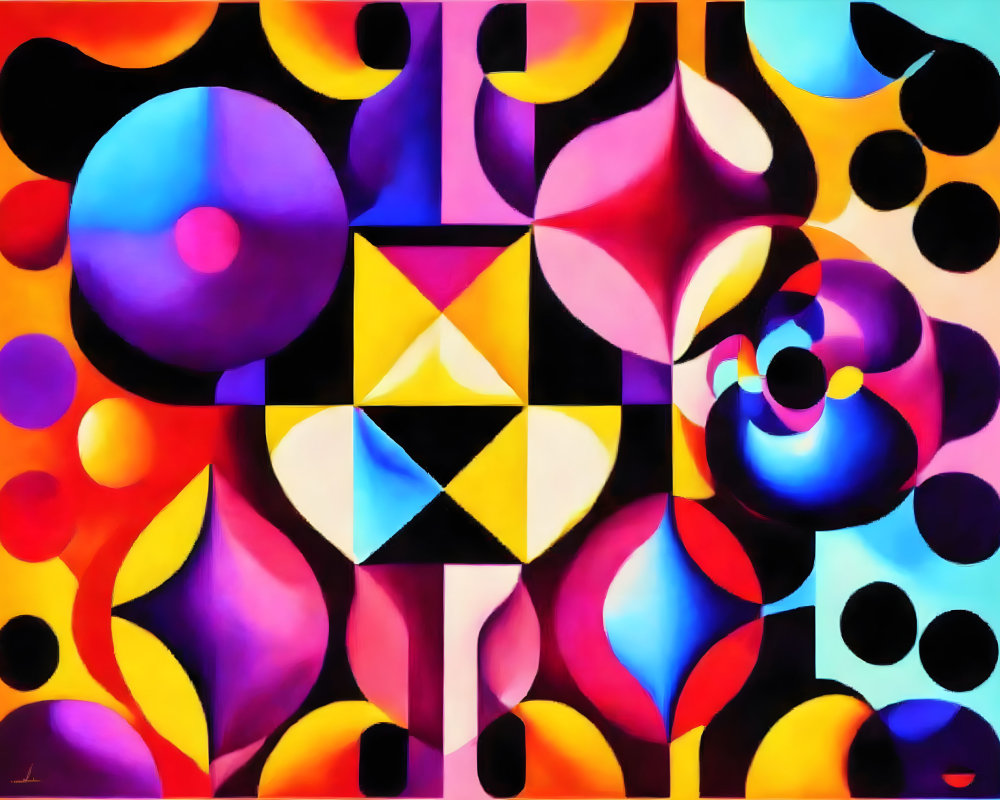Colorful Abstract Painting with Geometric and Organic Shapes in Blue, Yellow, Purple, and Red