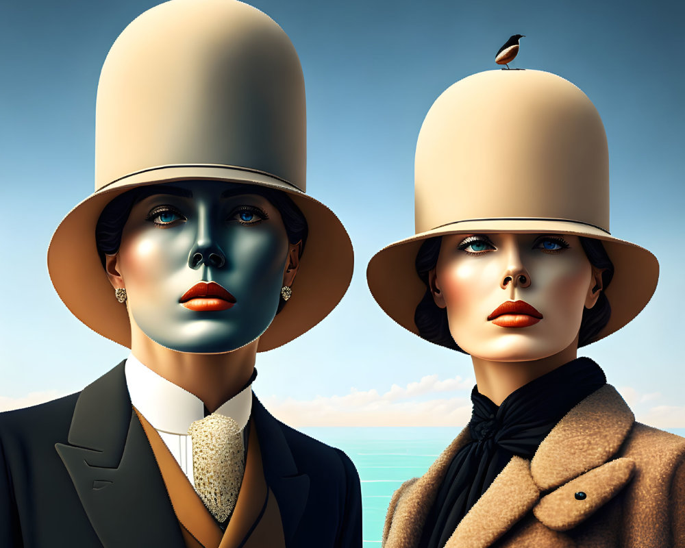 Stylized female figures in top hats with birds by the sea
