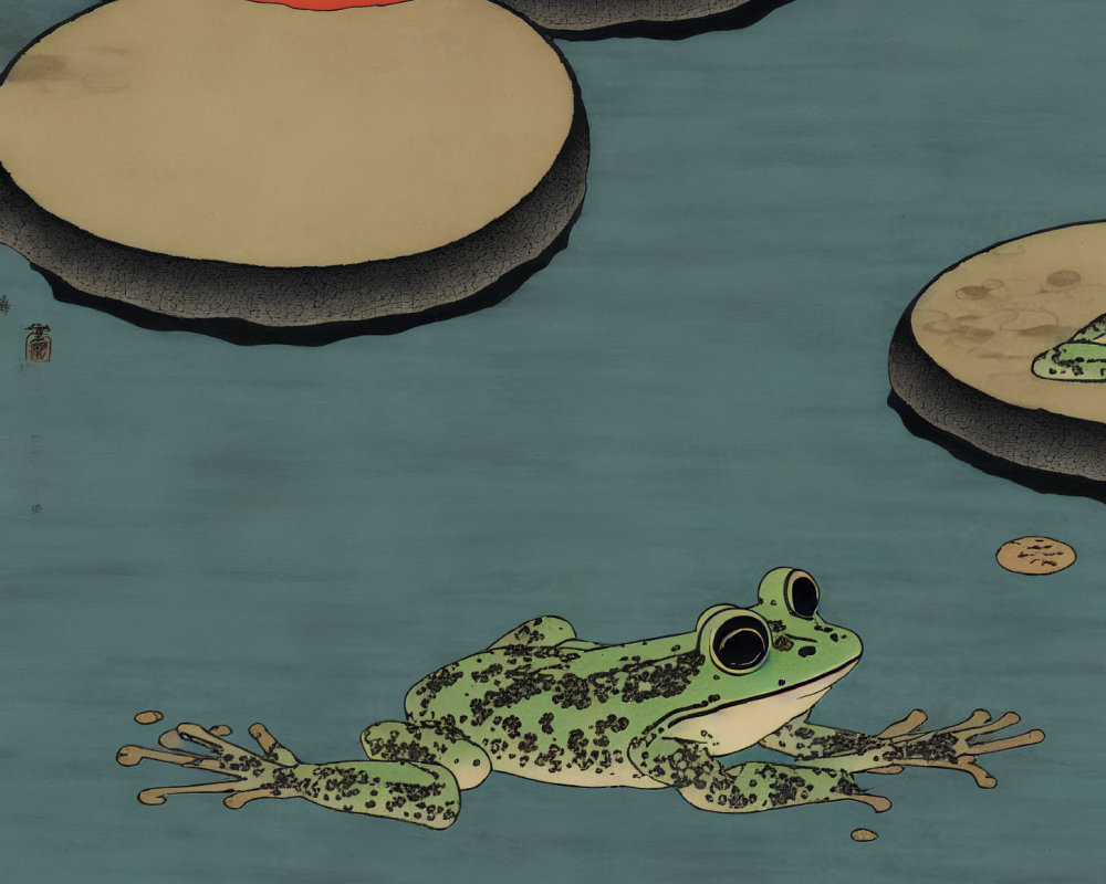 Green frog swimming among lily pads and lotus flowers in serene water