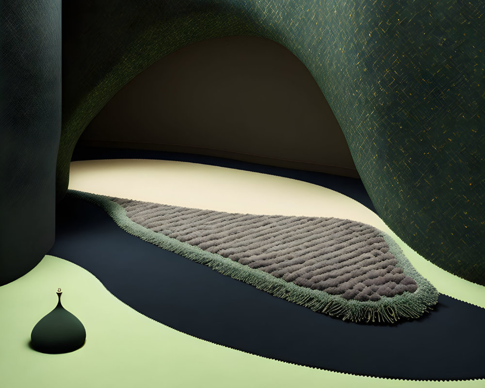 Abstract composition featuring textured green rug, green and yellow floor, black pear-like object, and archway