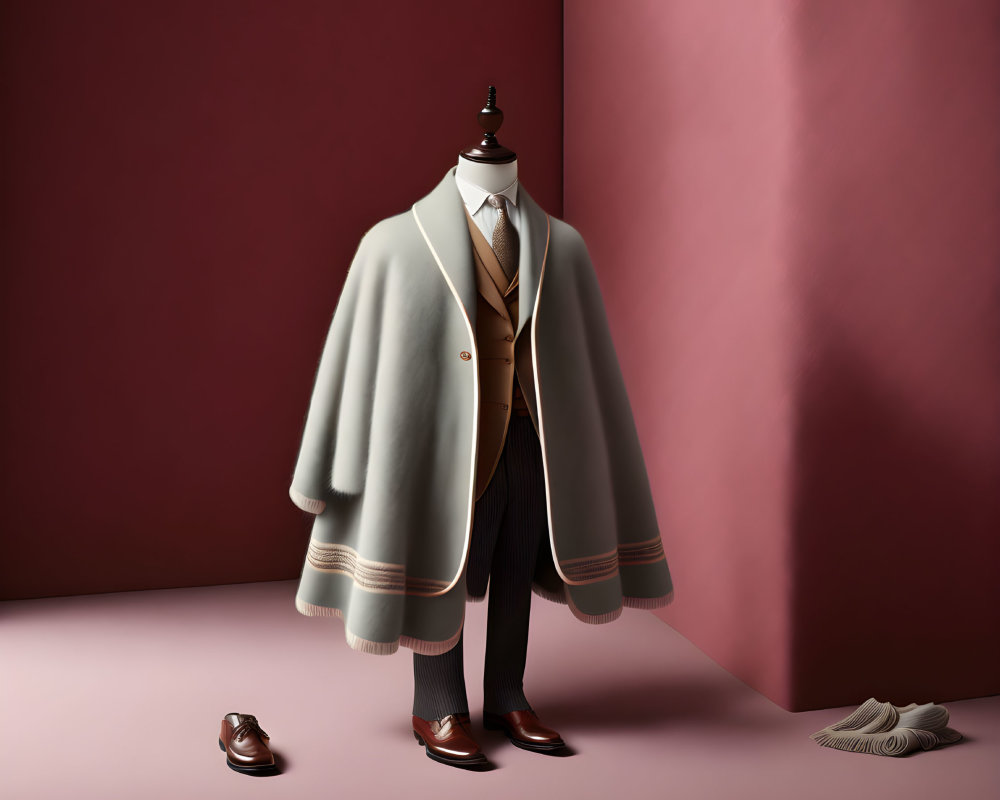 Formal Men's Suit and Overcoat Ensemble on Mannequin Against Pink Background