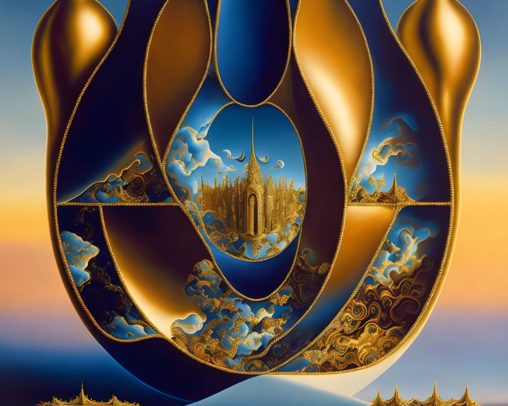 Surreal painting of golden teardrop structure with castle scenes on twilight sky.
