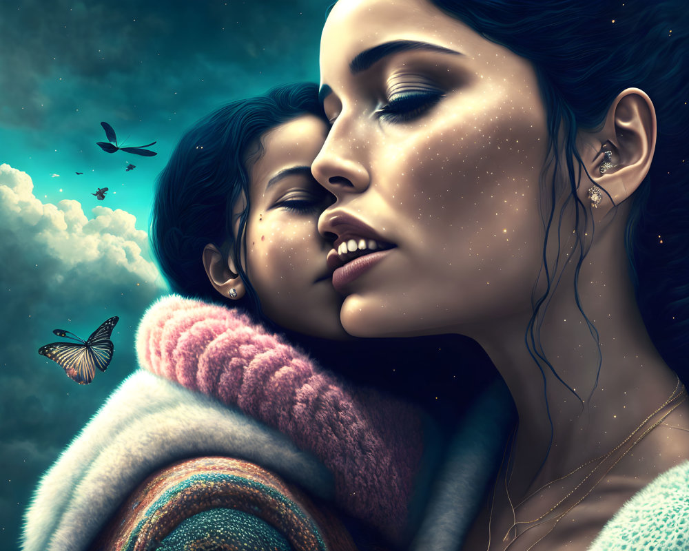 Two women in cosmic setting with serene expressions and butterfly