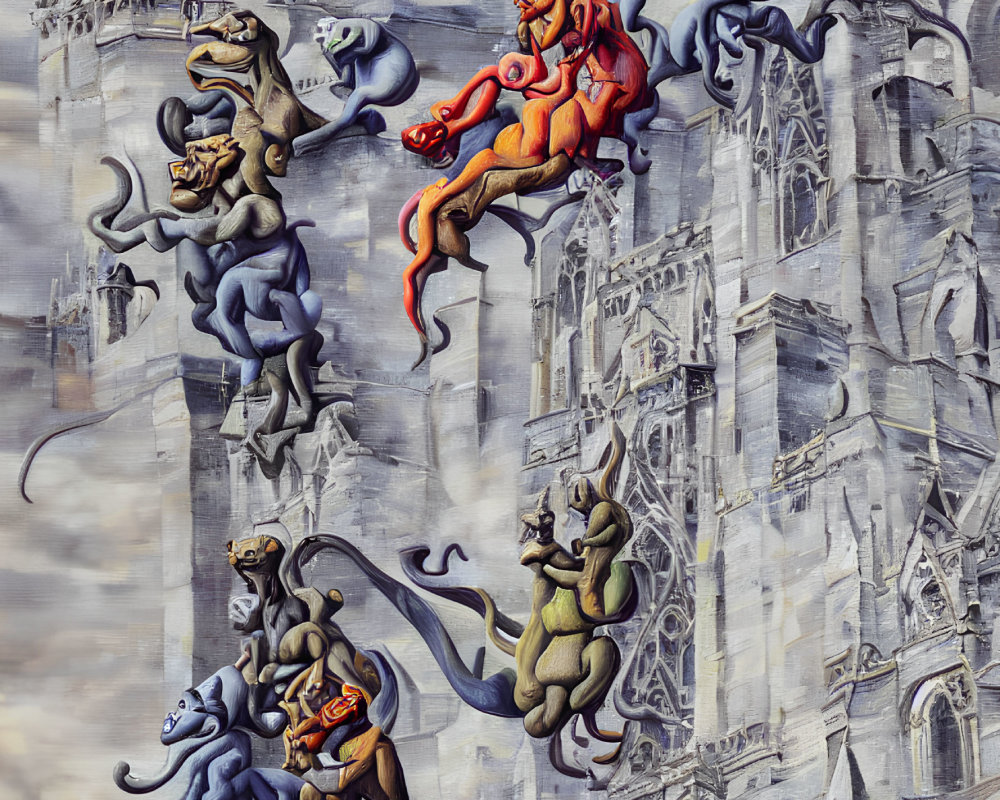 Stylized creatures on gothic cathedral facade under cloudy sky