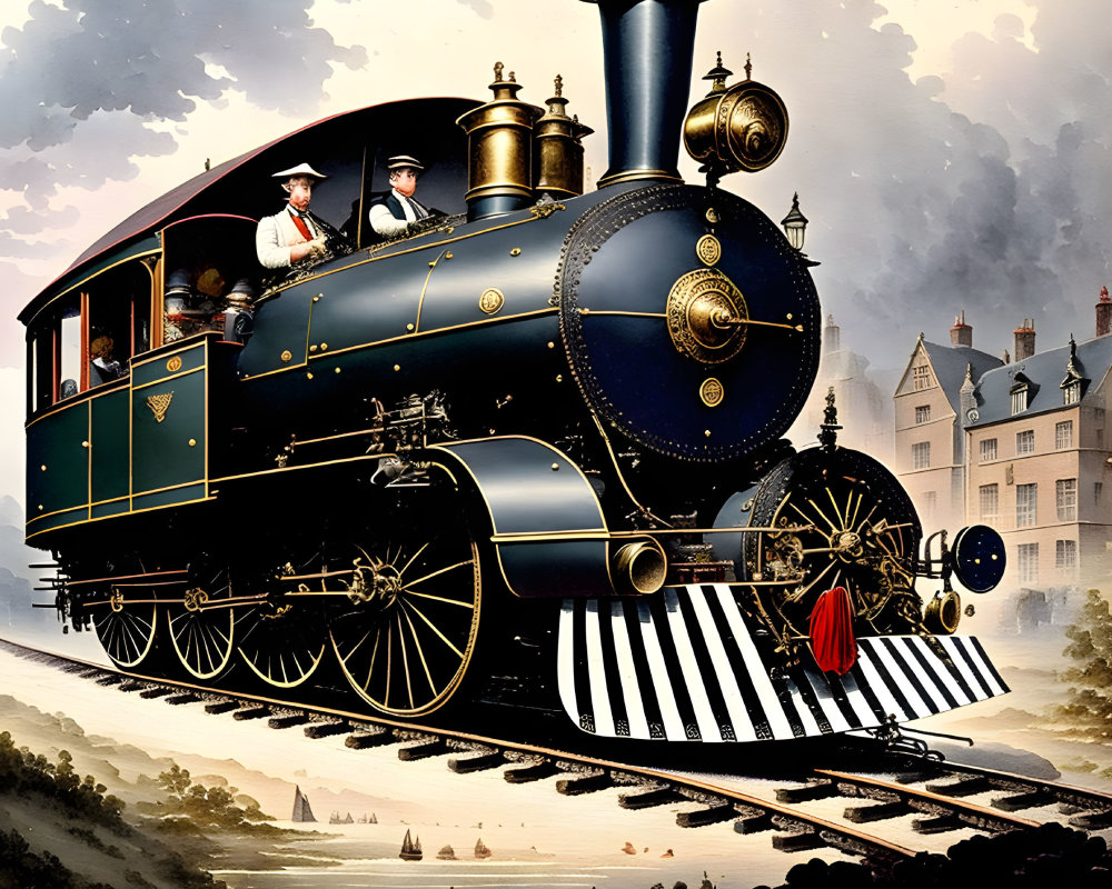 Vintage steam locomotive with ornate gold detailing and two men aboard passing river and buildings under cloudy sky