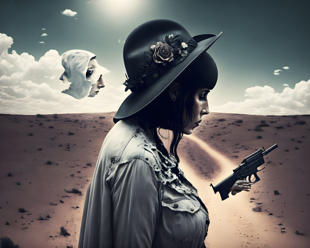 Woman in decorative hat with side profile face, holding revolver in desert scene