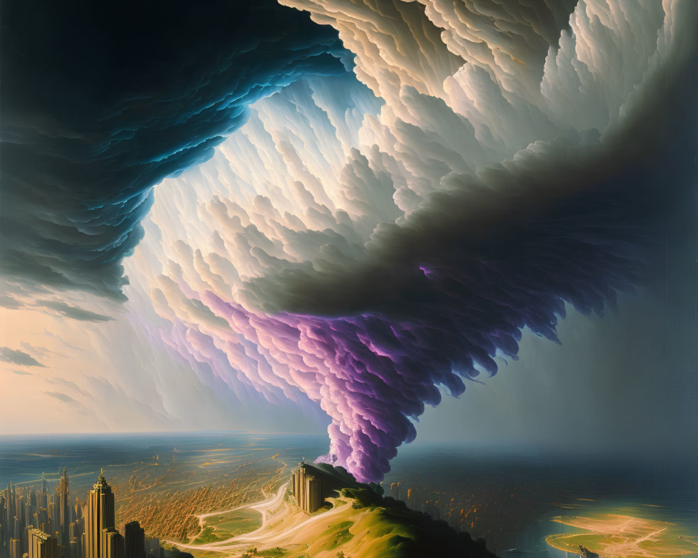 Hyper-realistic painting of swirling supercell thunderstorm over serene cityscape and coastline at sunset
