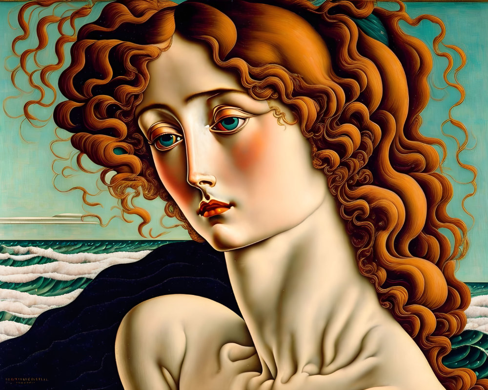 Woman with Wavy Auburn Hair and Green Eyes Against Blue Sea Background