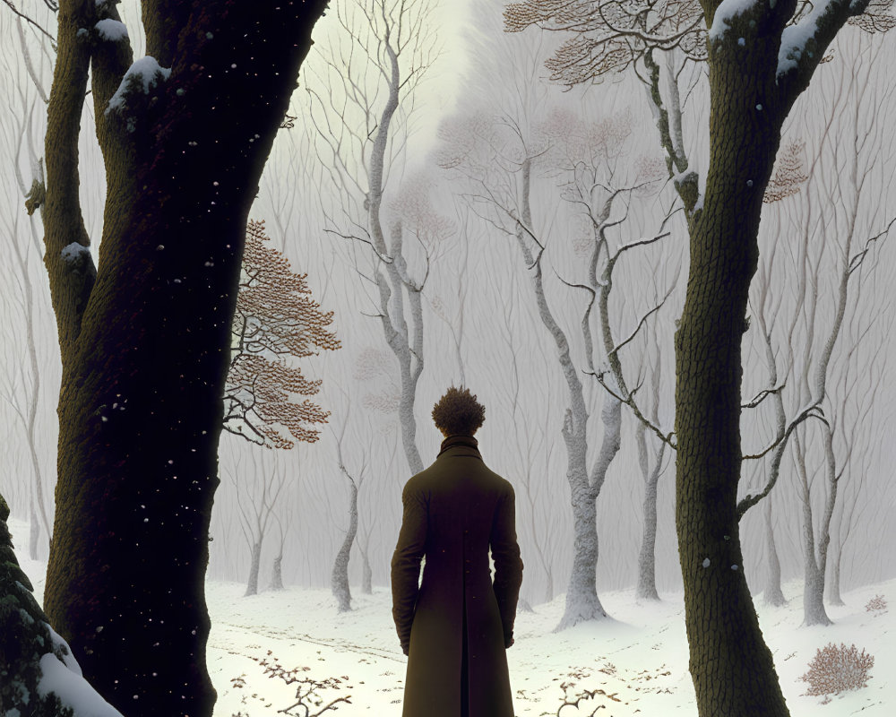 Solitary figure in long coat in snowy woods observing serene landscape