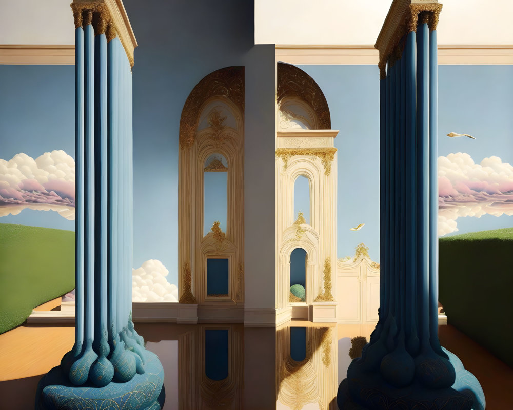 Surreal artwork: columns merging with flowing water, clear skies, clouds, ornate arches