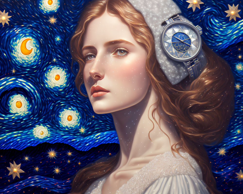 Stylized portrait of woman with starry headset in Van Gogh-inspired background