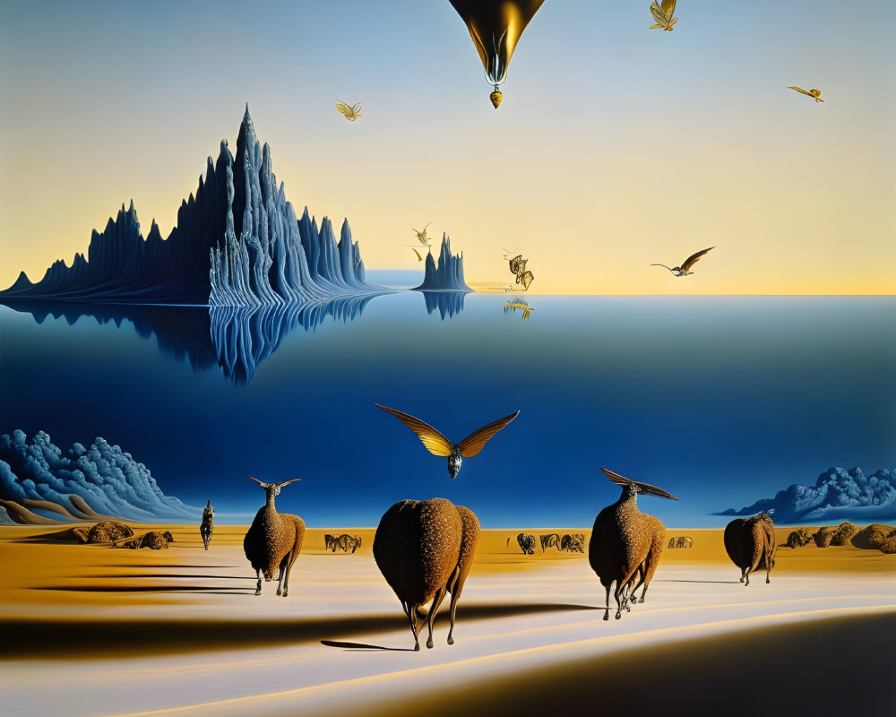 Surreal painting with sheep, human legs, gold teardrop, mountains, birds, ant