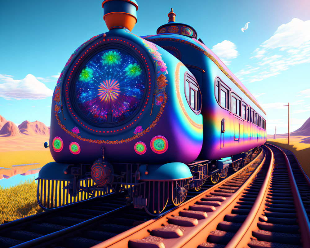 Colorful galaxy-themed train travels through desert landscape