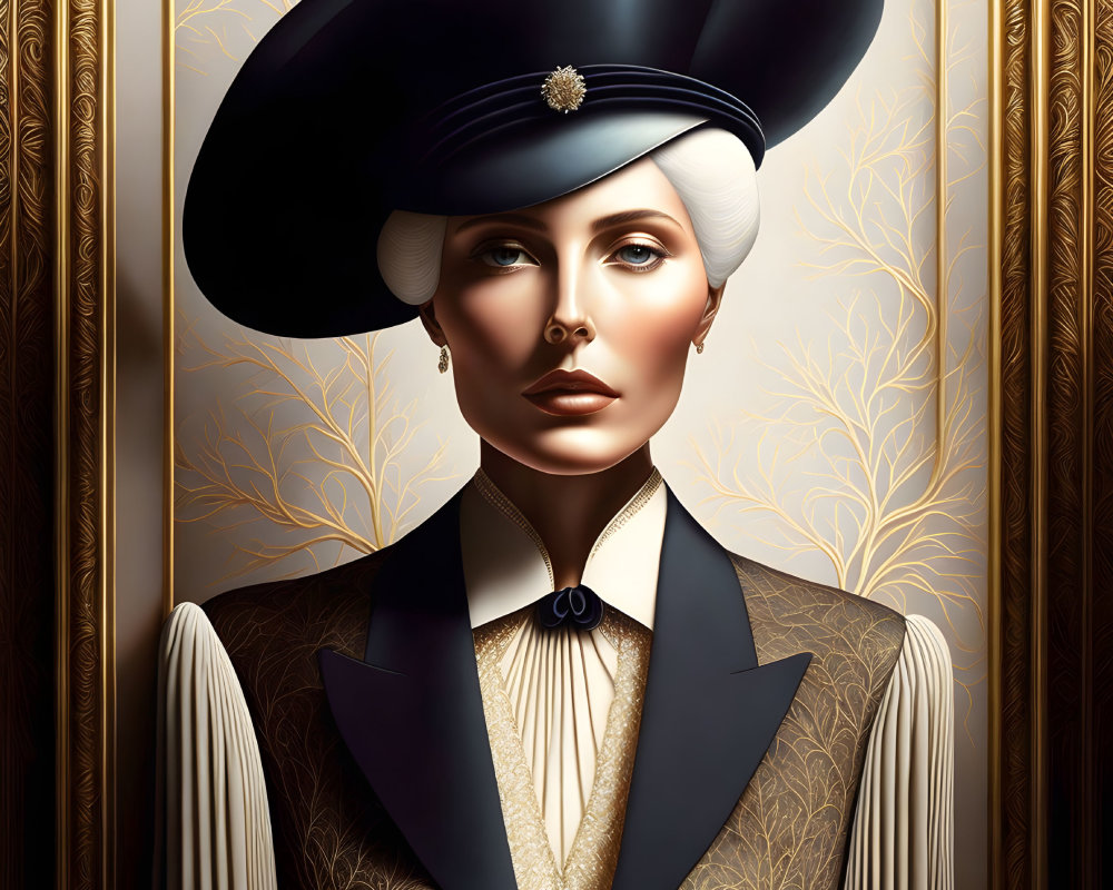 Illustrated portrait of woman in stylish hat and suit with ornate golden background