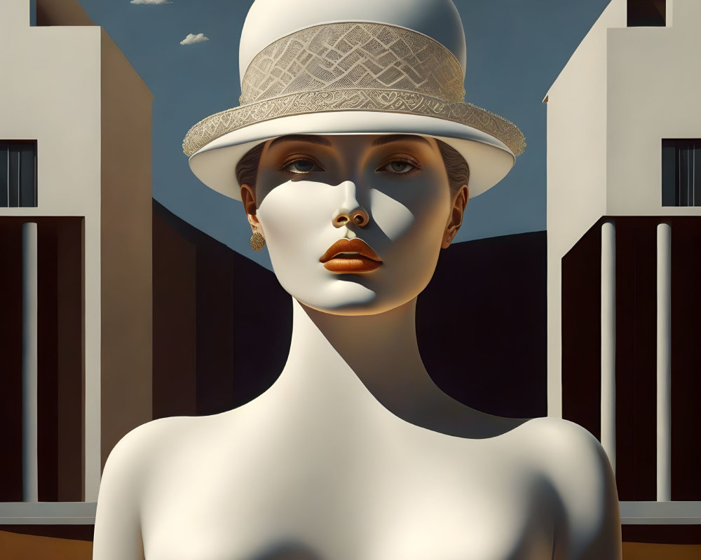 Hyperrealistic Painting of Woman in White Hat Against Abstract Cityscape Sky