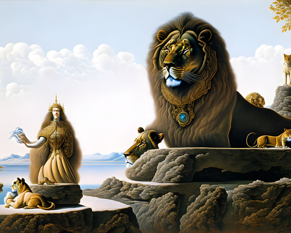 Ethereal woman with lions in serene landscape