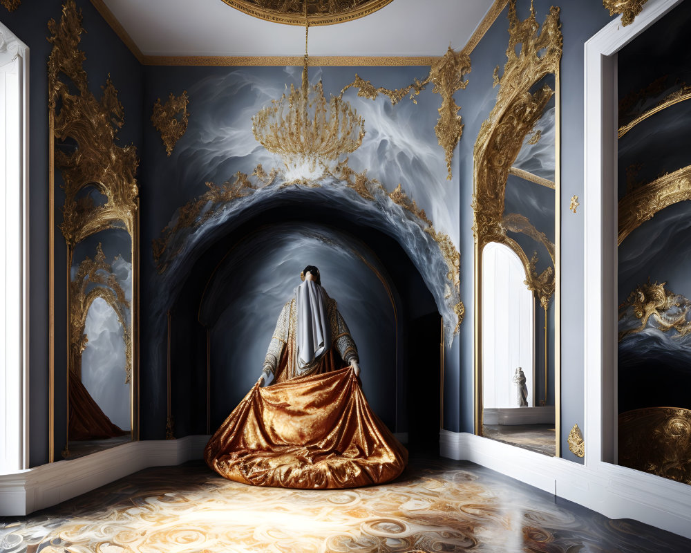 Luxurious Golden Cloak in Opulent Grand Room