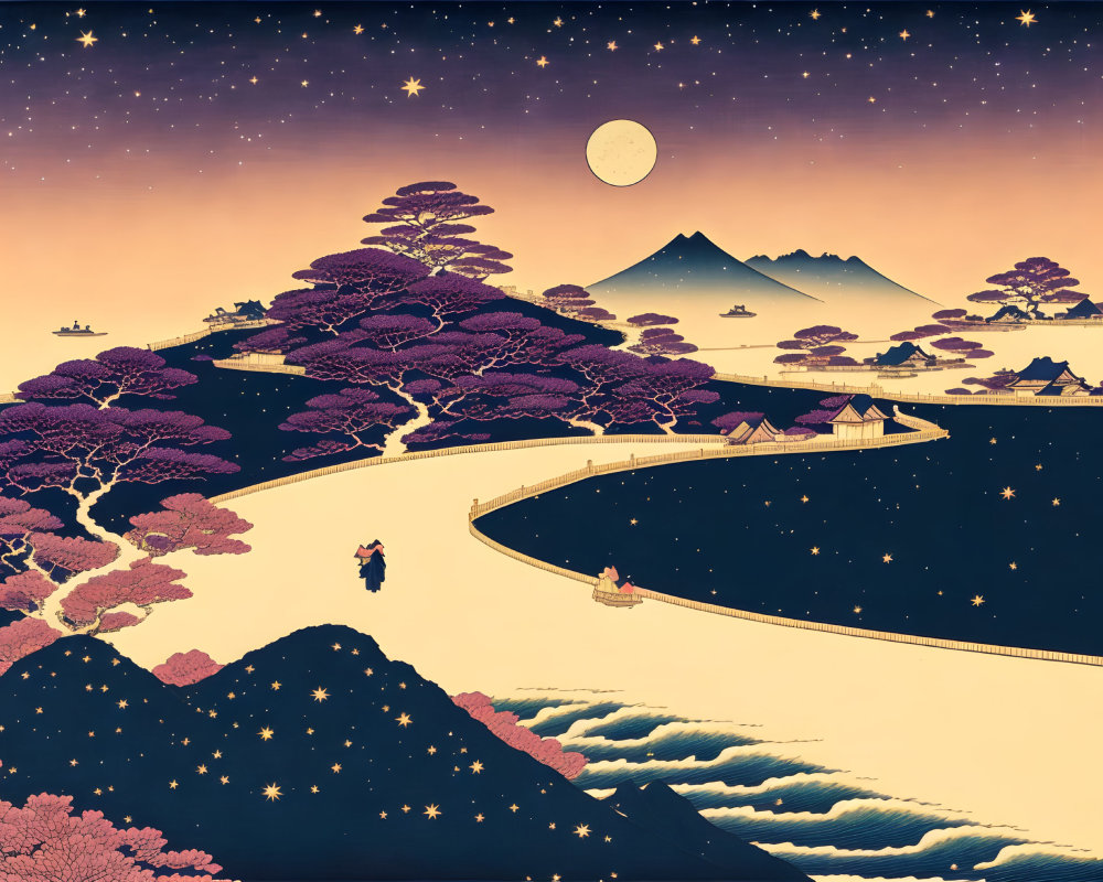Starry night sky landscape with pink trees, mountains, and figures walking.