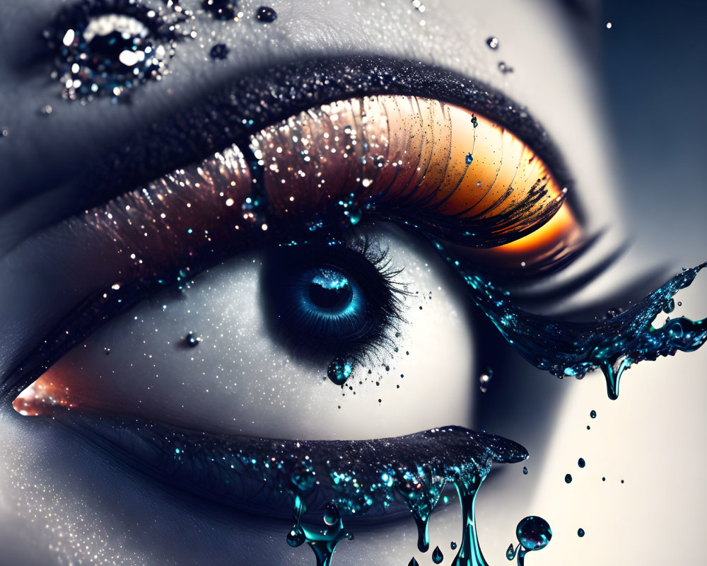 Artistic Blue Eye Close-up with Liquid Splashes and Eyeshadow