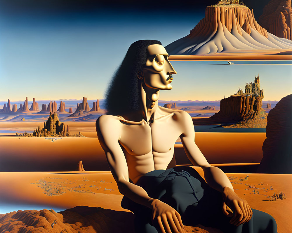 Surreal painting of muscular figure in desert landscape
