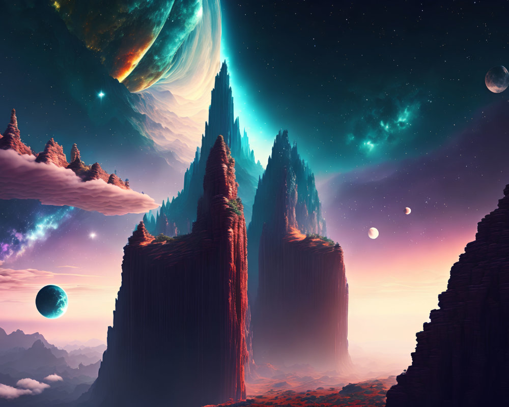 Colorful Sky with Planets, Moons, Stars, and Nebula Over Rock Formations