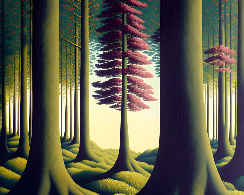 Surreal forest with tall trunks & pink foliage under gradient sky