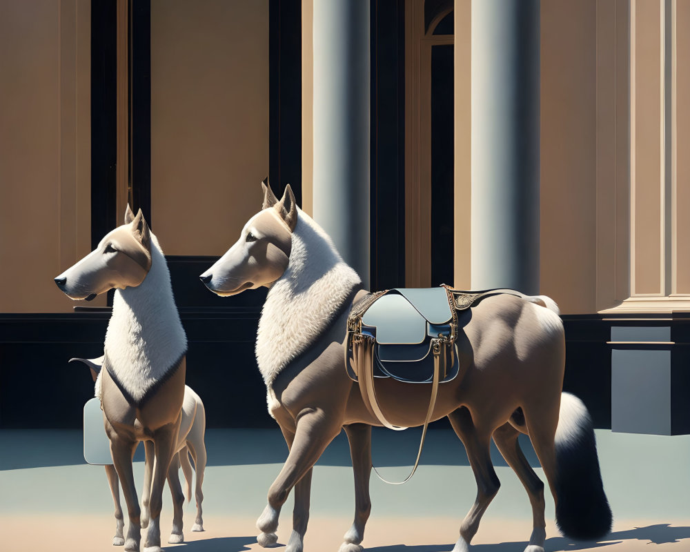 Two Husky-Like Dogs with Saddle Stand in Courtyard with Classical Columns