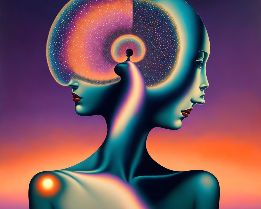 Surreal illustration of merging human profiles with cosmic design on twilight backdrop