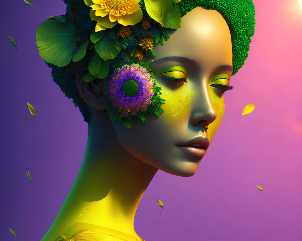 Digital artwork: Woman with green floral hair on purple background