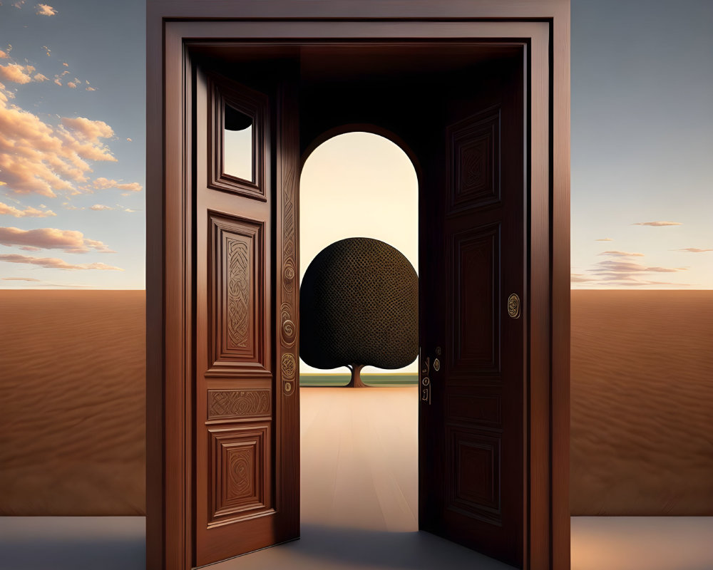 Wooden door in desert opens to surreal floating sphere above oasis at sunset