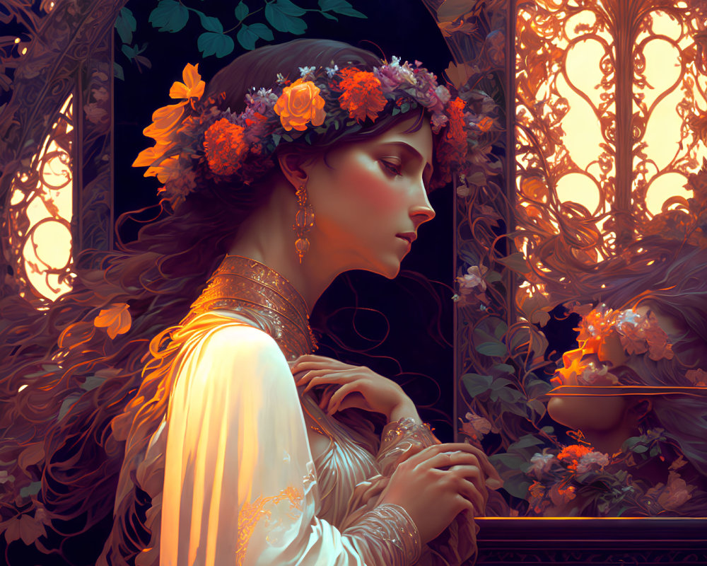 Woman in floral crown gazes through ornate window in warm light