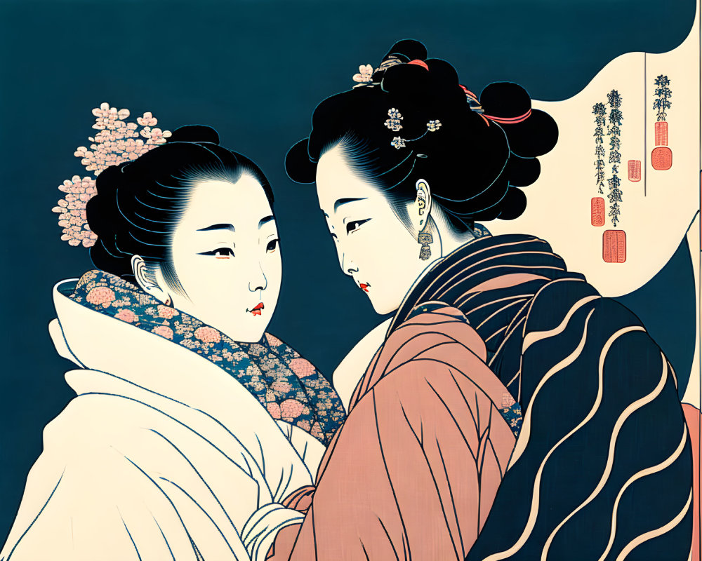 Traditional Japanese women in intricate attire and hairstyles in classic ukiyo-e style.