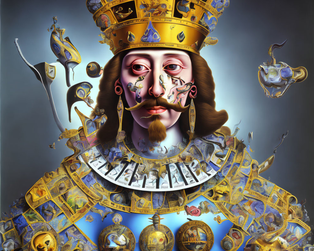 Surreal portrait of royal figure in gold armor with steampunk elements
