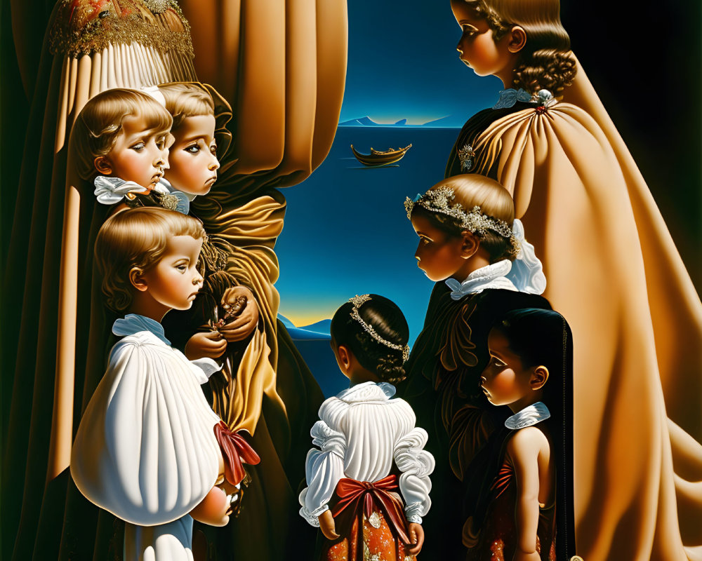 Surreal painting of seven children in vintage clothing with theatrical curtains and a flying bird