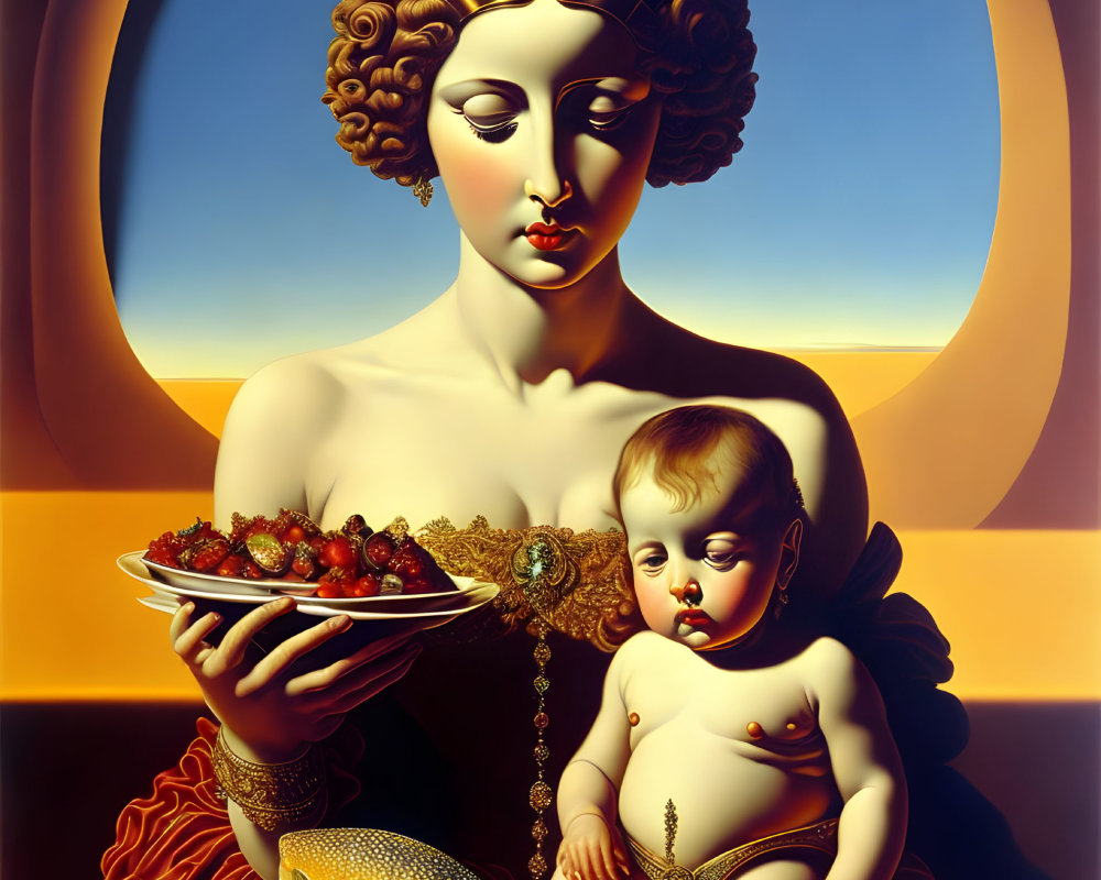 Surreal painting of woman with strawberries, baby, and fish on table