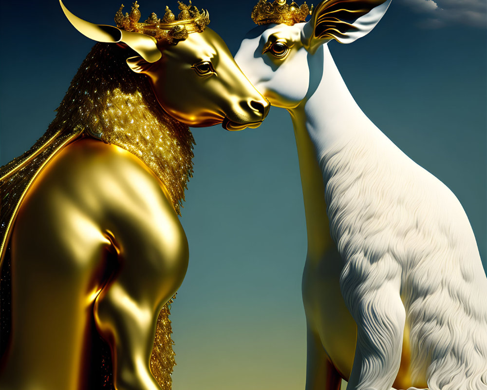 Stylized gold and white cows with crowns gazing under blue sky