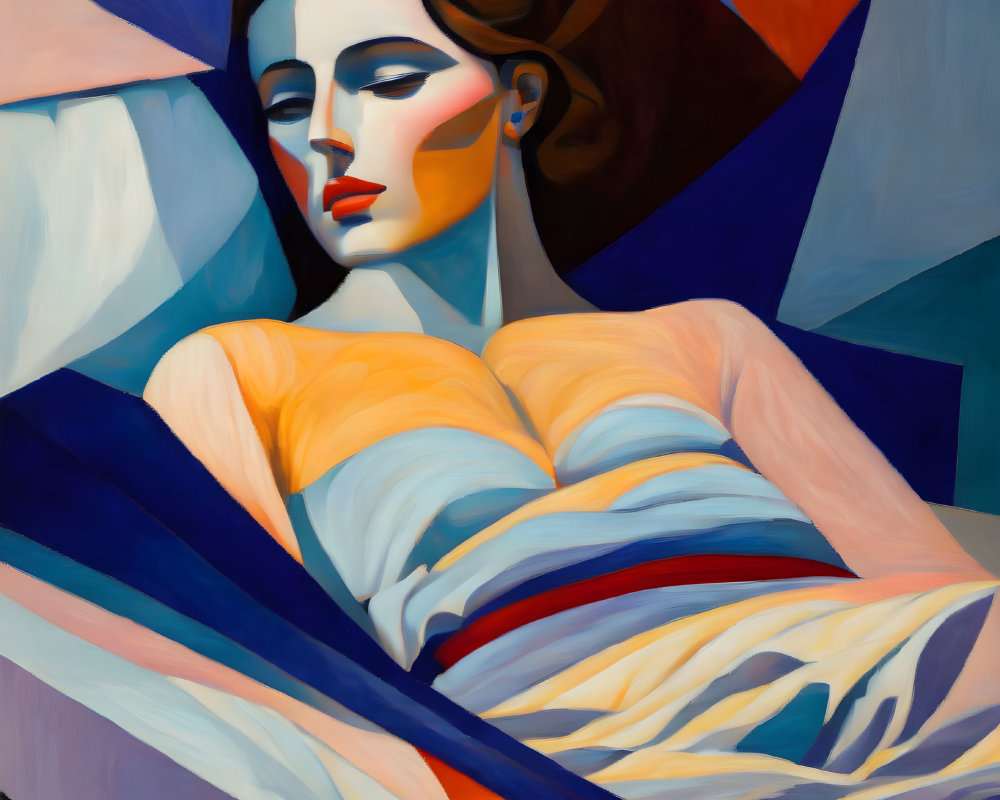 Colorful Abstract Portrait of Reclining Woman with Geometric Shapes