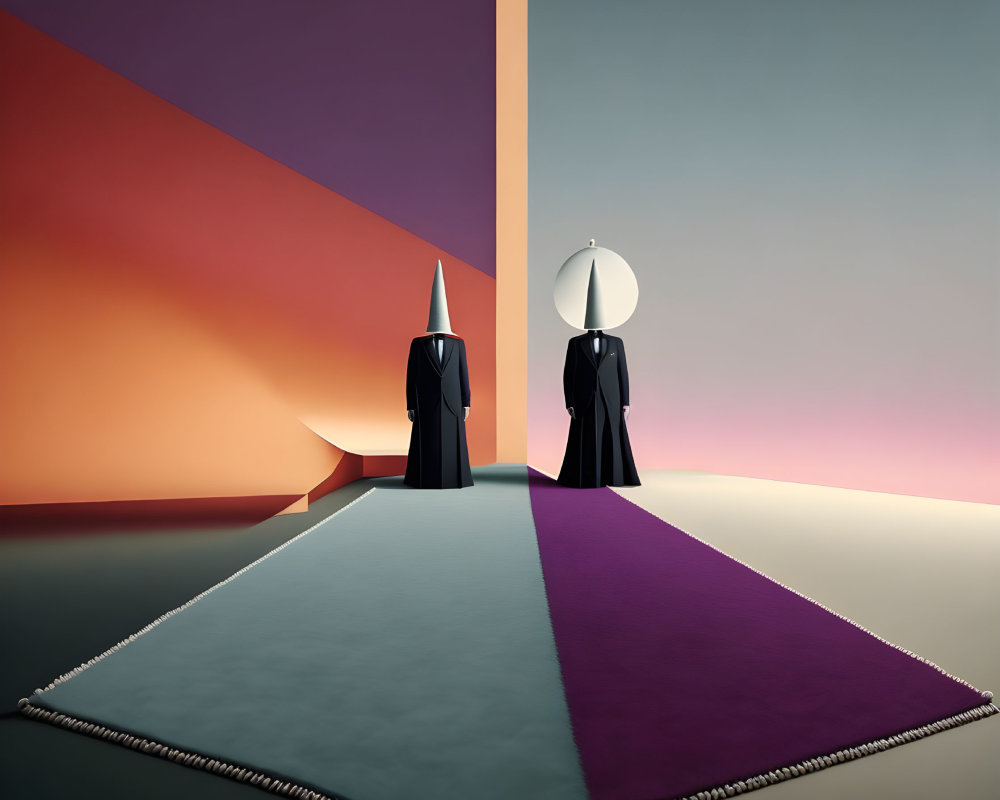 Abstract figures in robes and hats on geometric carpet with orange, purple, and green sections.