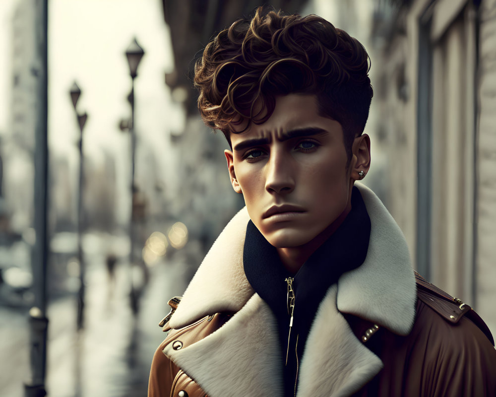 Curly-Haired Young Man in Stylish Brown Jacket on City Street