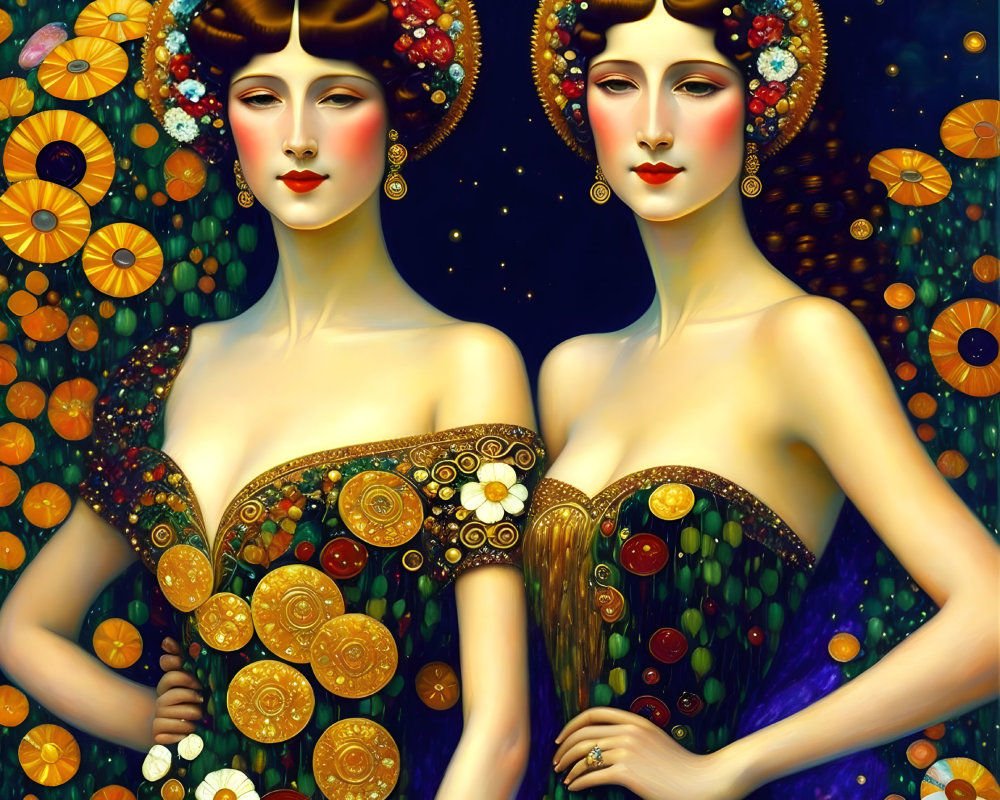 Stylized women with ornate headdresses in celestial setting