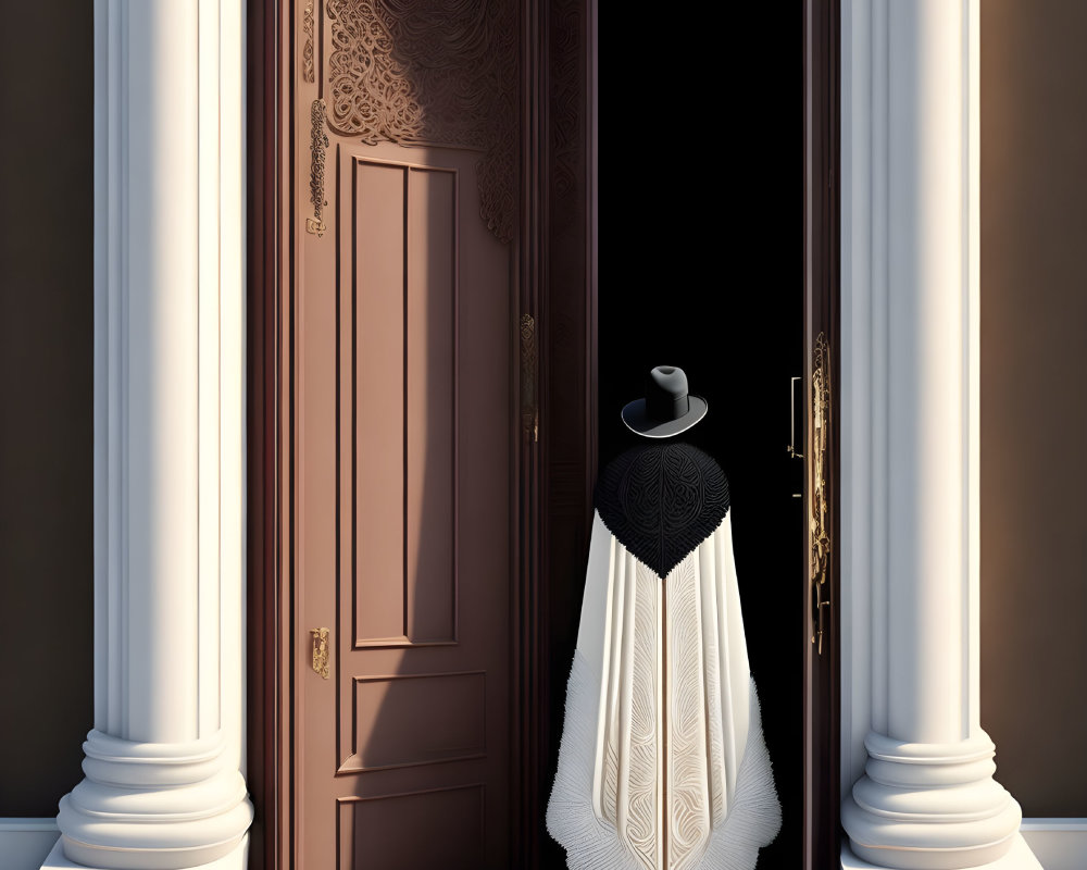 Mannequin with black top and draped fabric next to ornate wooden door and classical columns