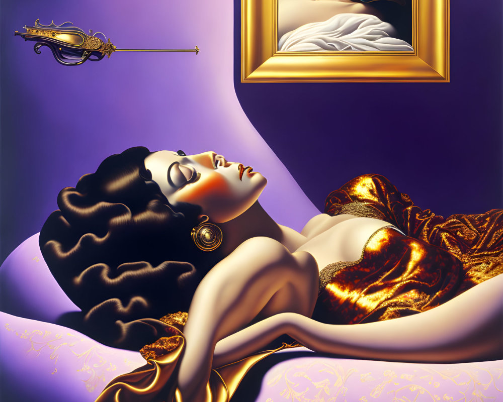 Artwork featuring reclined woman in golden attire, mirrored by framed painting against purple backdrop with floating violin