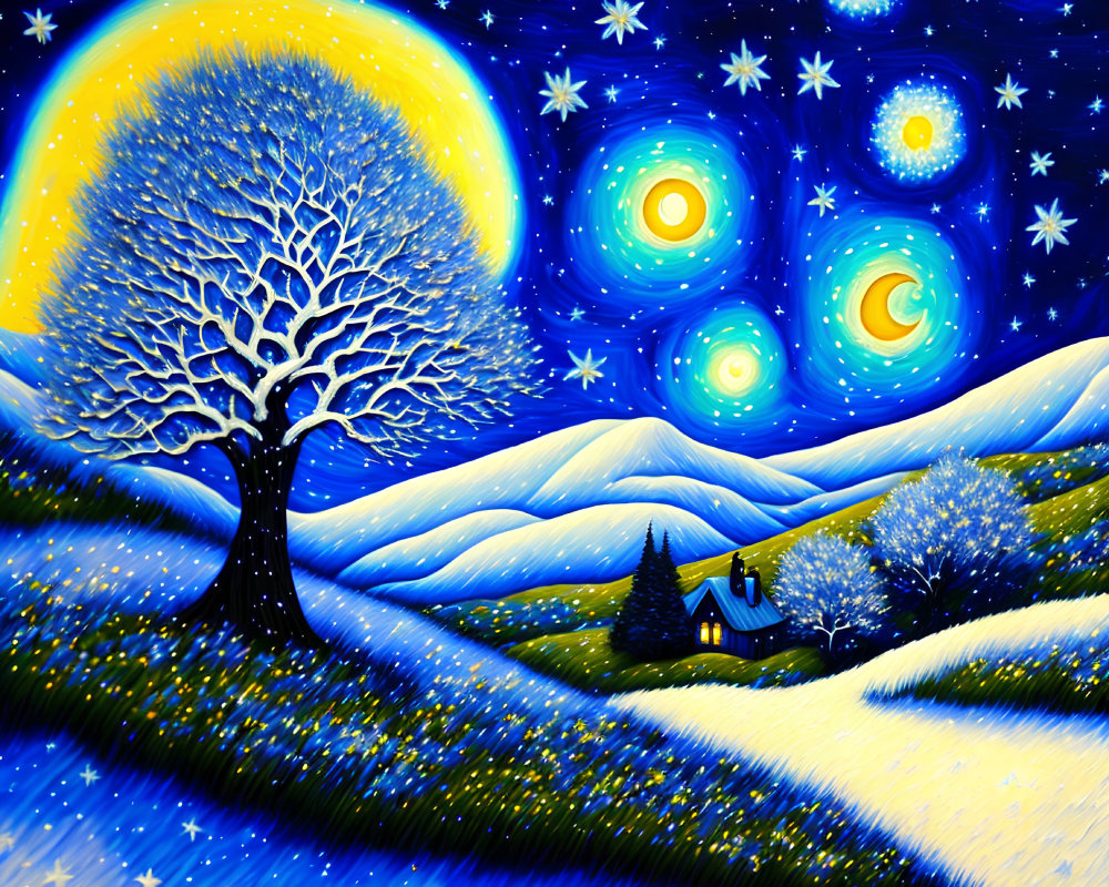 Starry Night Painting: Glowing Moon, Solitary Tree, Snowy Hills