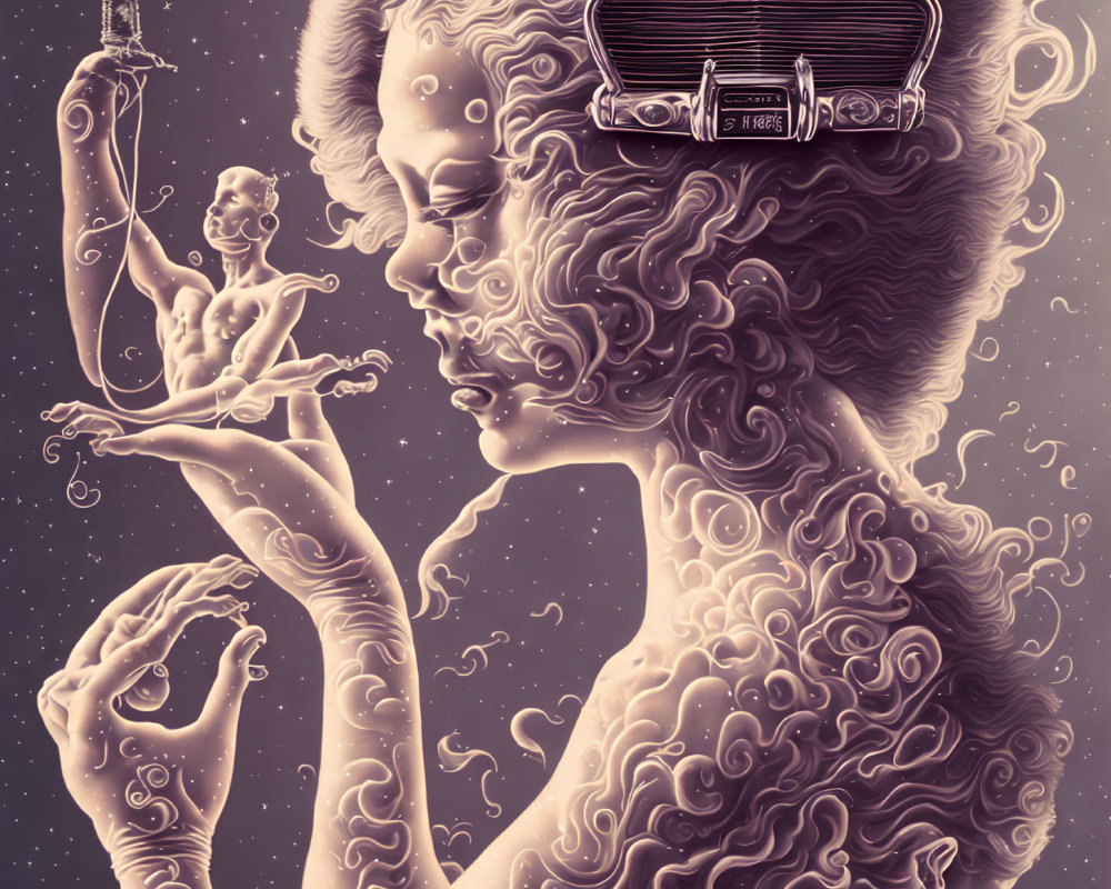Surreal illustration of woman with swirling hair patterns and cassette player in head